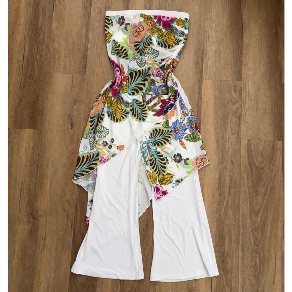 Joseph Ribkoff Floral Strapless Jumpsuit Wide Leg Asymmetrical Y2K Tropical 8 - Picture 2 of 8